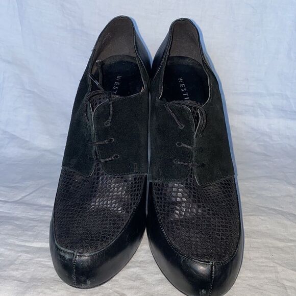 WESTIES Powell Black Leather and Suede Snakeskin Vamp Oxford Pump-10 - Picture 2 of 7